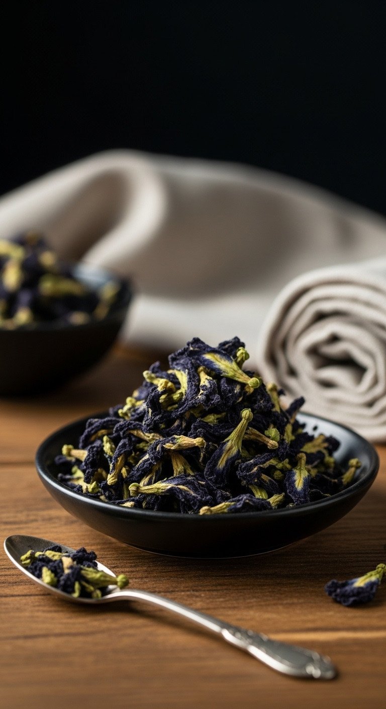 Blue Milk Tea Recipe And Secrets For Perfect Boba 1 Close-up of deep indigo dried butterfly pea flowers on a rustic wooden table with an antique spoon, showcasing delicate texture.