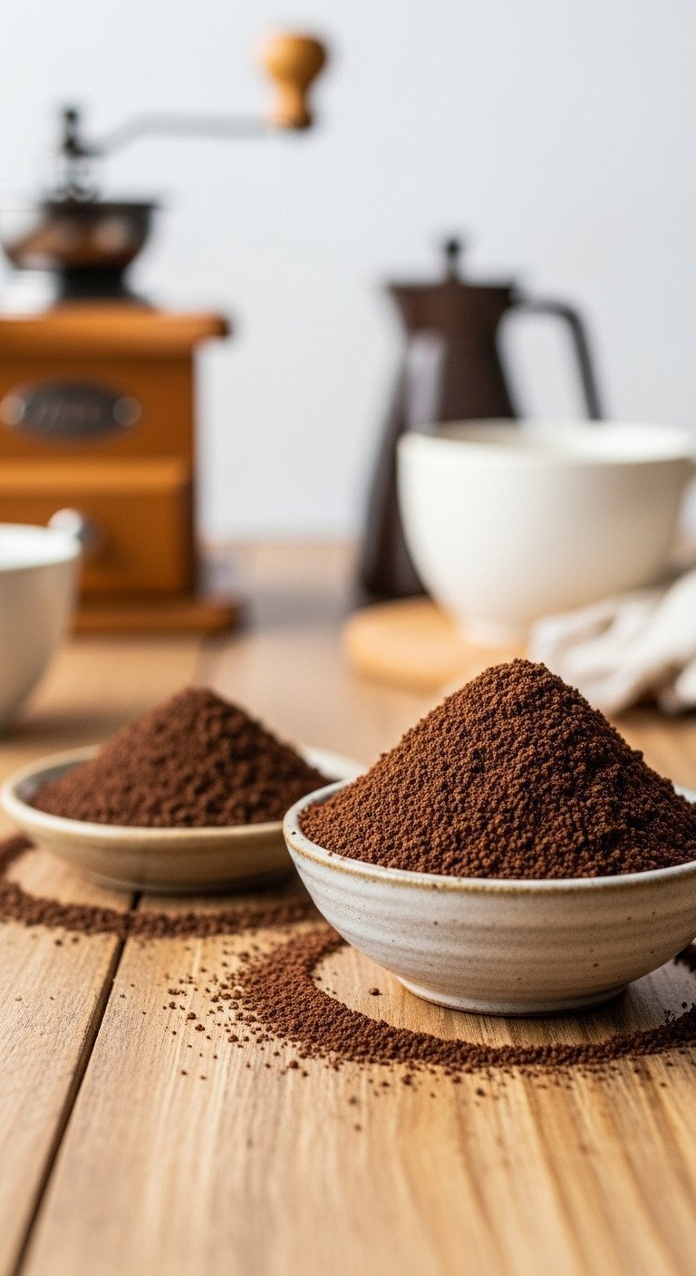 Cold Brew Coffee Master Guide To Smooth Low Acid Ratio Secrets 3 Close-up of fine espresso vs. coarse coffee grounds in ceramic bowls on a rustic wooden table for brewing comparison.
