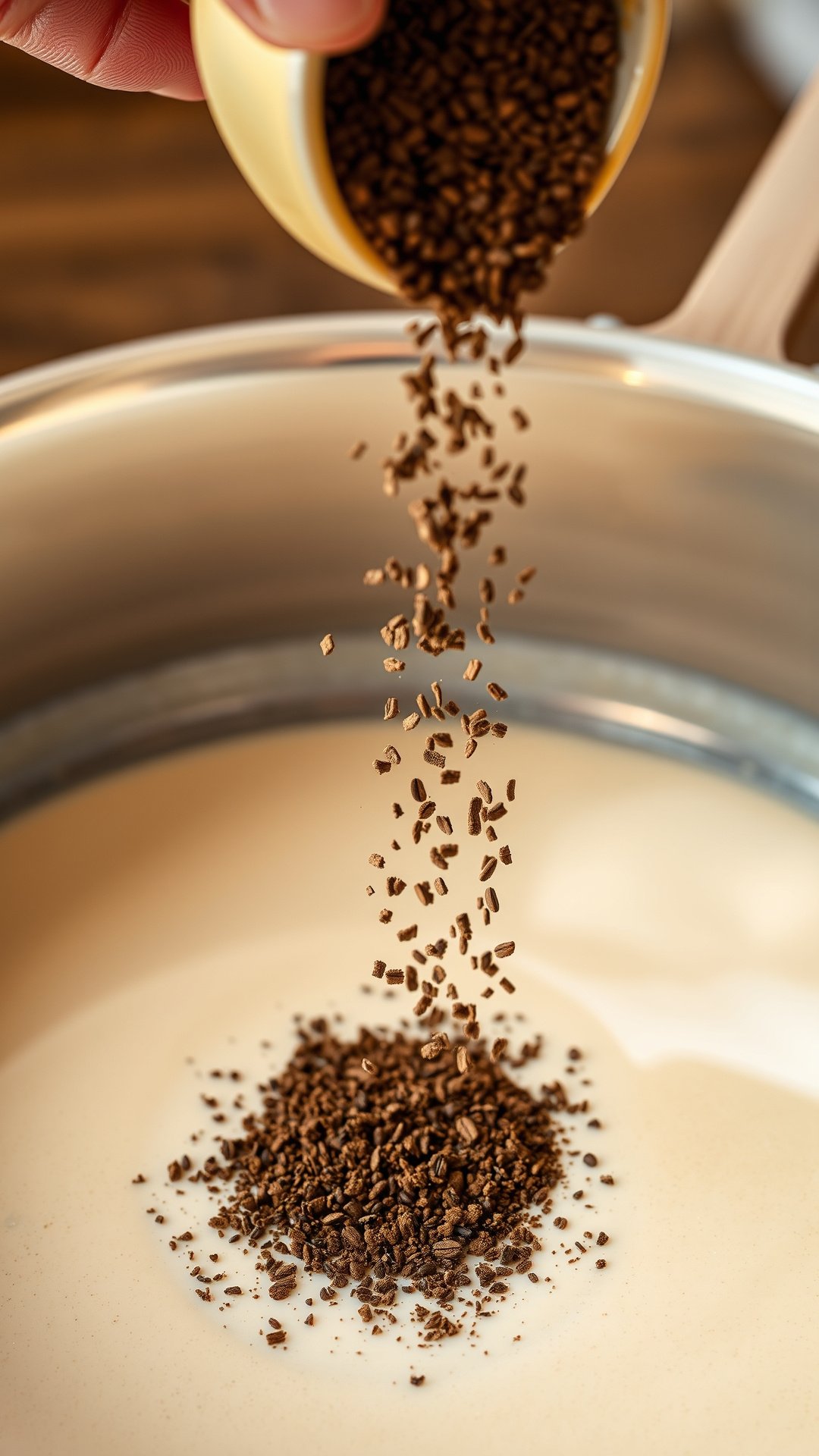 Make Perfect Coffee Soap With Our Complete Step By Step Guide 7 Close-up of finely ground coffee being sprinkled into a pot of creamy soap batter to create a natural, aromatic exfoliant bar.