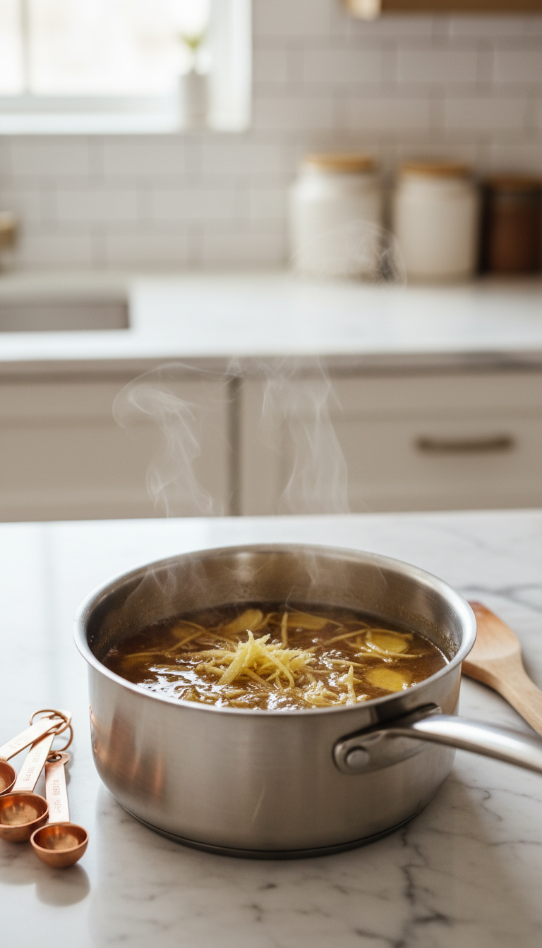 Close-up of fresh ginger root simmering in a stainless steel saucepan with rich brown syrup, steam, and kitchen tools on a marble counter.