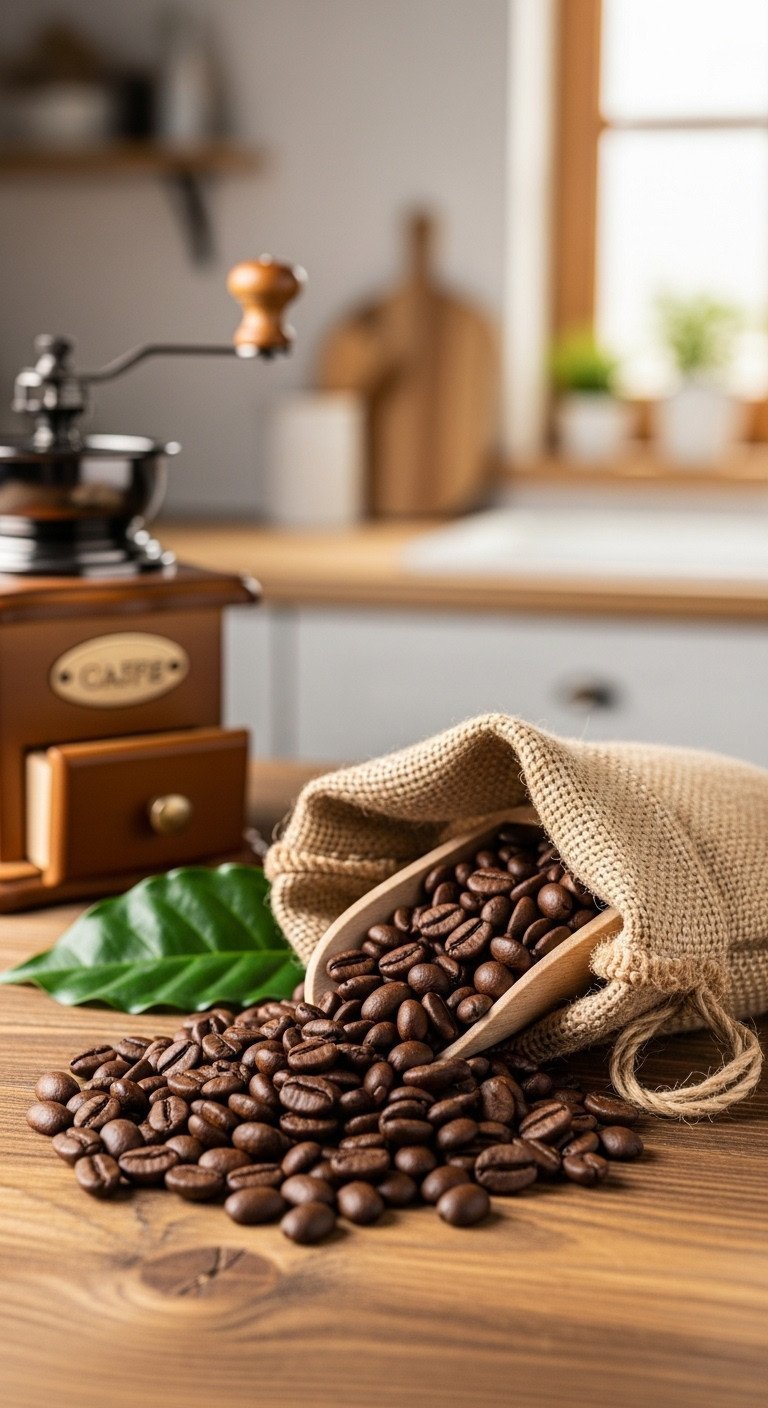 Close-up of freshly roasted, dark espresso beans spilling from a burlap bag onto a rustic wooden counter in a warm kitchen.