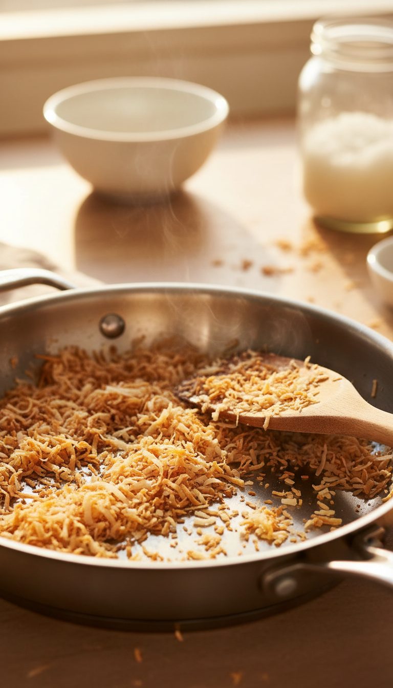 Homemade Toasted Coconut Coffee Syrup: Easy Recipe 1 Close-up of golden-brown toasted shredded coconut in a stainless steel skillet with a wooden spatula and steam, in a blurred kitchen background.