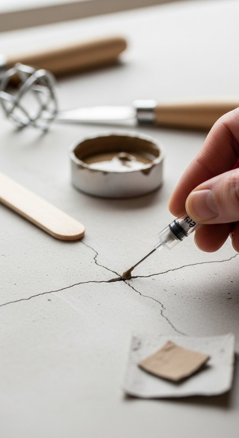 Close-up of hairline crack in concrete table filled with repair epoxy, restoring smooth finish. DIY concrete repair with specialist tools.