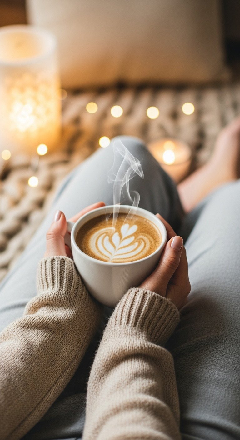 Close-up of hands in a cozy sweater holding a warm, steaming mug of coffee against a soft, chunky knit blanket.