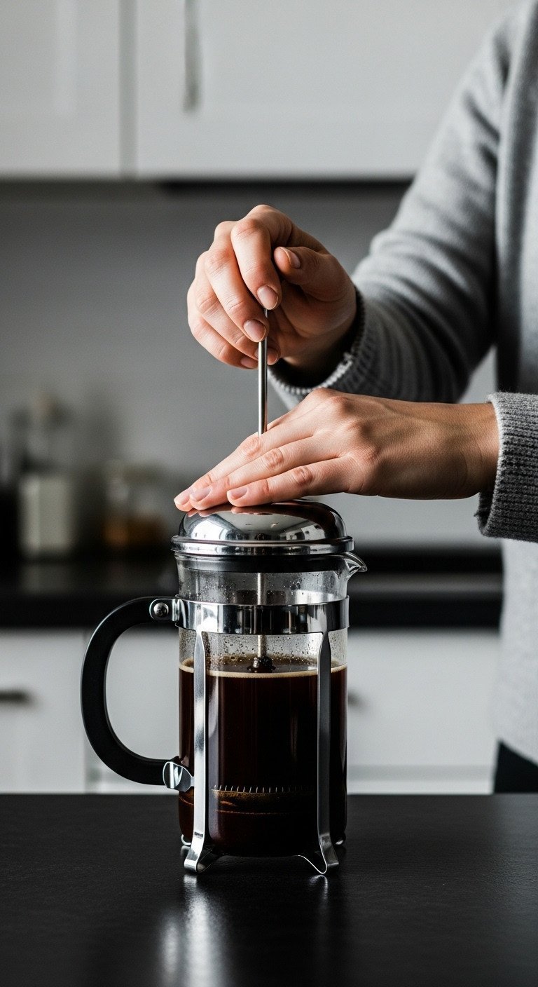 Close-up of hands slowly pressing the plunger down on a French press filled with dark coffee in a modern kitchen.