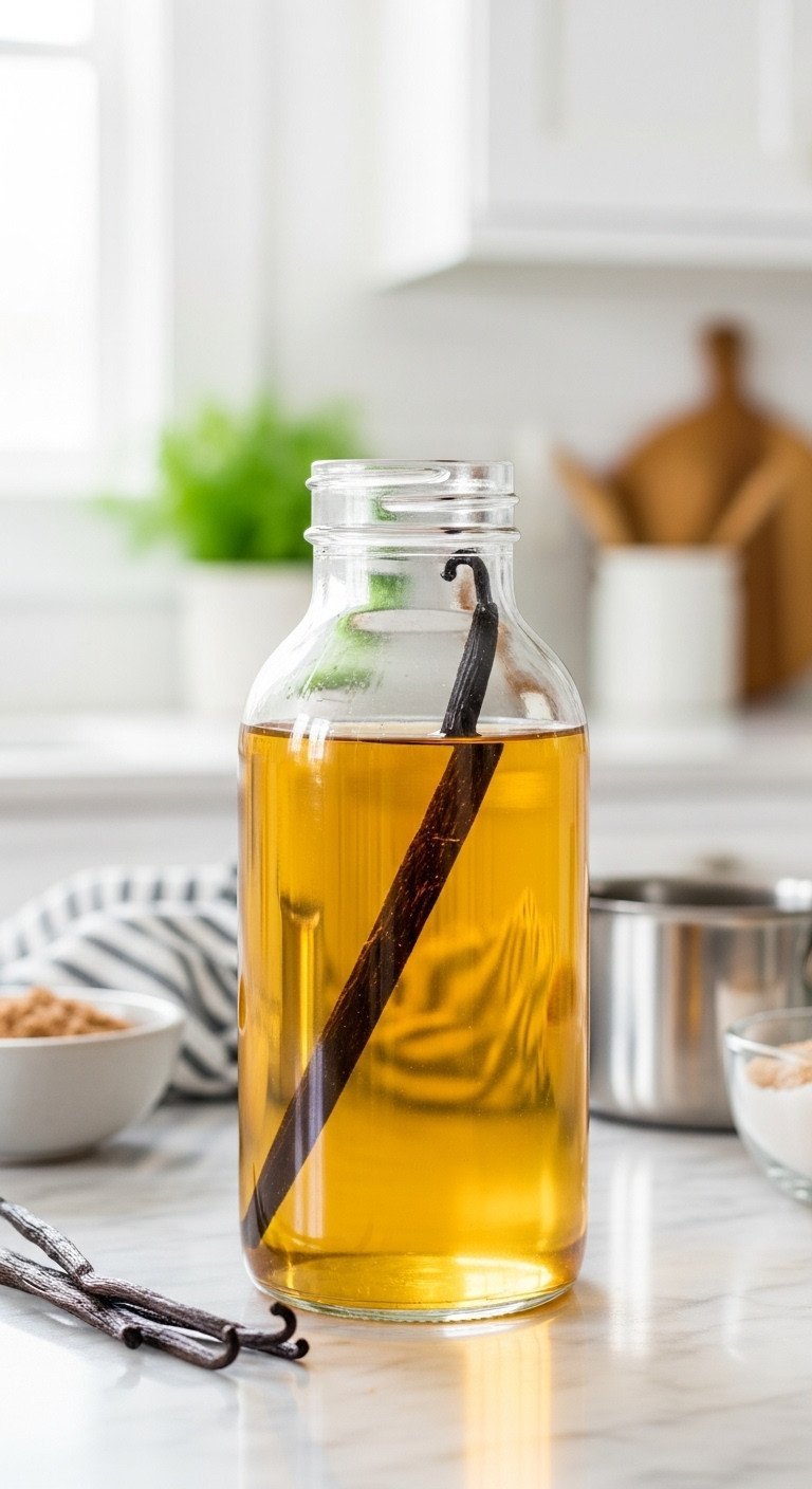 9 Genius Coffee Recipes To Master Lattes And Save Money 9 Close-up of homemade golden vanilla simple syrup in a clear glass bottle with a vanilla bean steeping on marble.