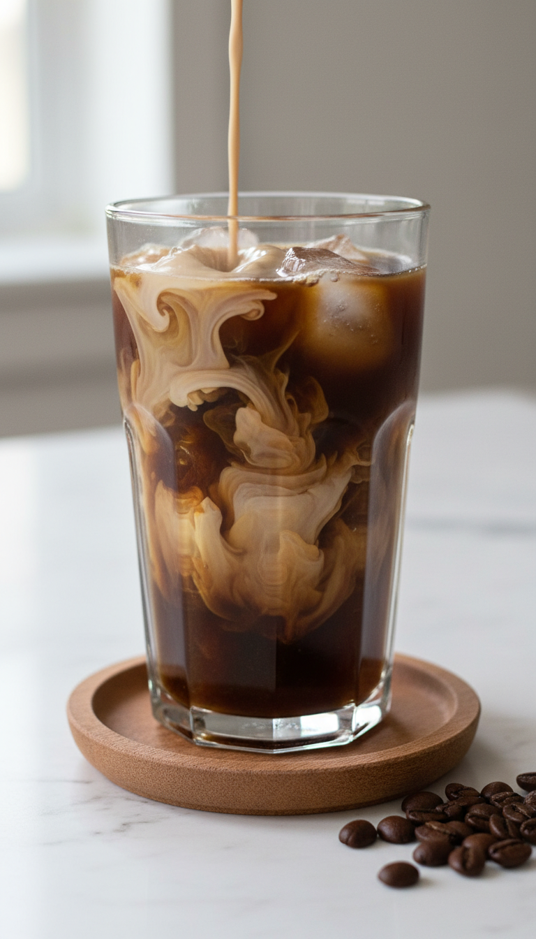 Close-up of iced coffee as creamy oat milk is poured, creating a beautiful marble swirl on a wooden coaster. Vegan coffee.