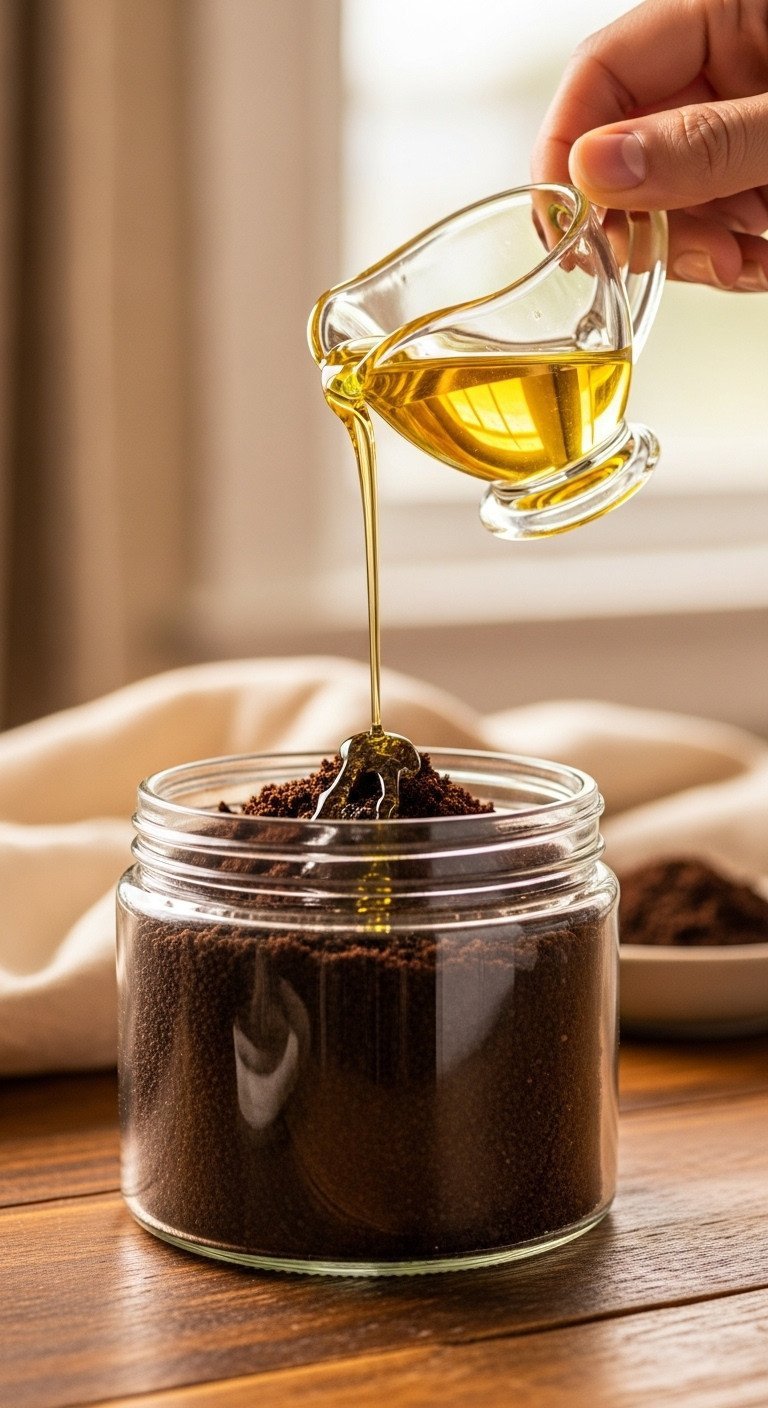 Close-up of liquid coconut oil being poured into a bowl of coffee grounds and sugar to make a DIY exfoliating scrub.