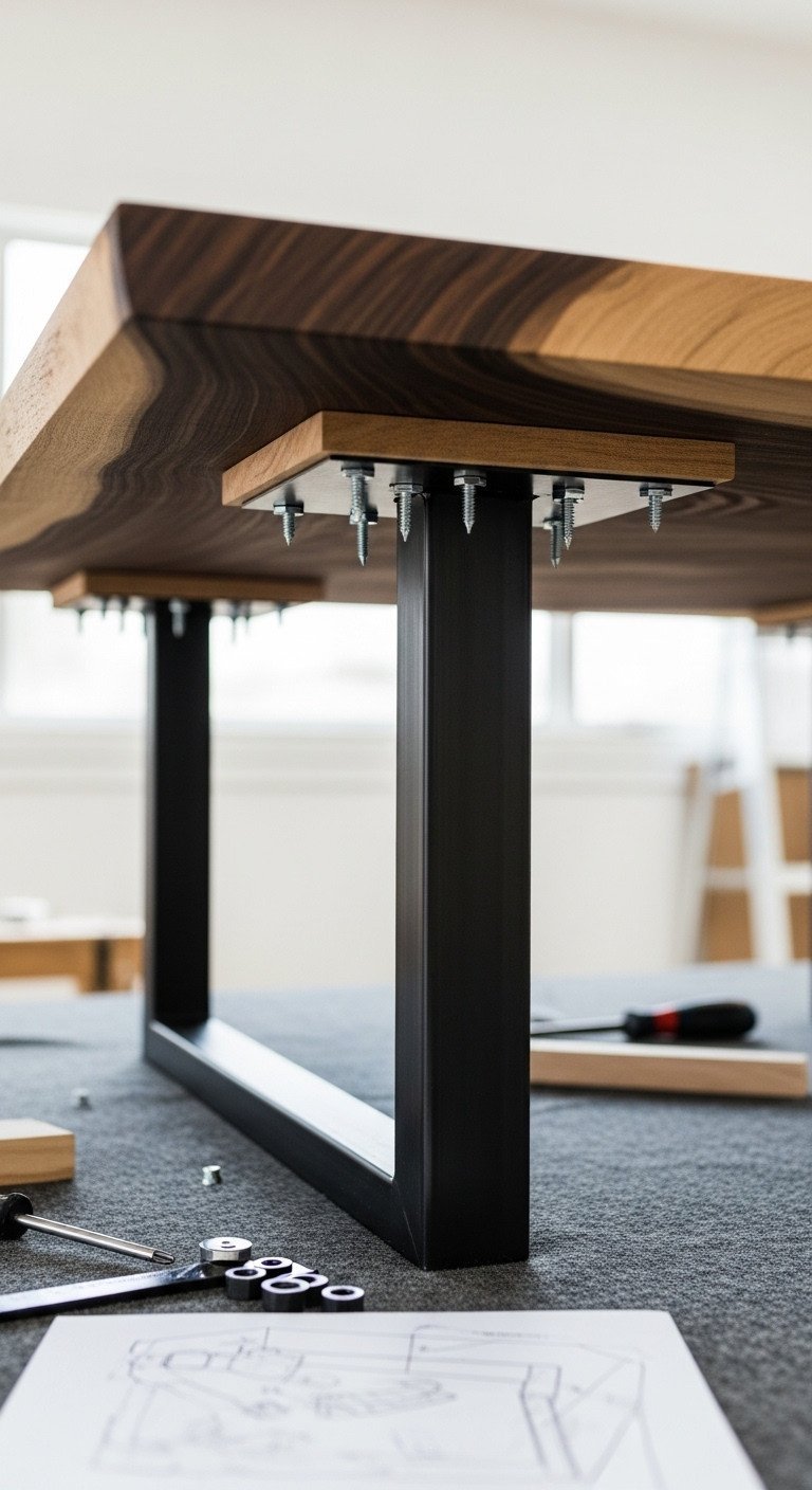 Close-up of live edge coffee table assembly, showing figure-eight fasteners on the dark wood underside for metal bases.