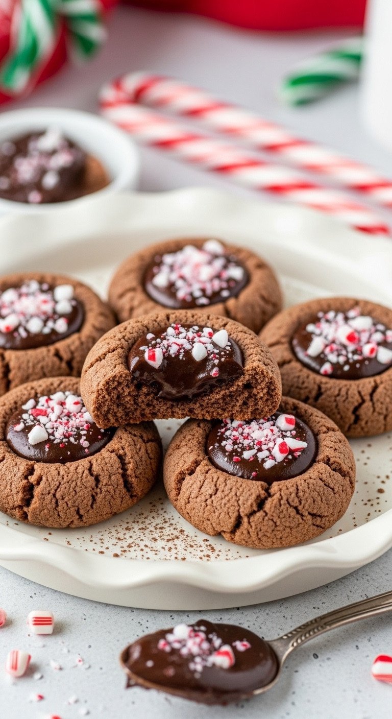 Close-up of mocha peppermint thumbprint cookies with rich ganache, crushed candy, cocoa, and festive decor for holiday dessert.