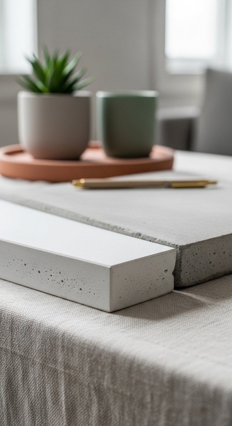 Close-up of modern GFRC concrete coffee table edge showing subtle texture, matte finish, and solid concrete sample on linen. Neutral colors, succulent for scale.
