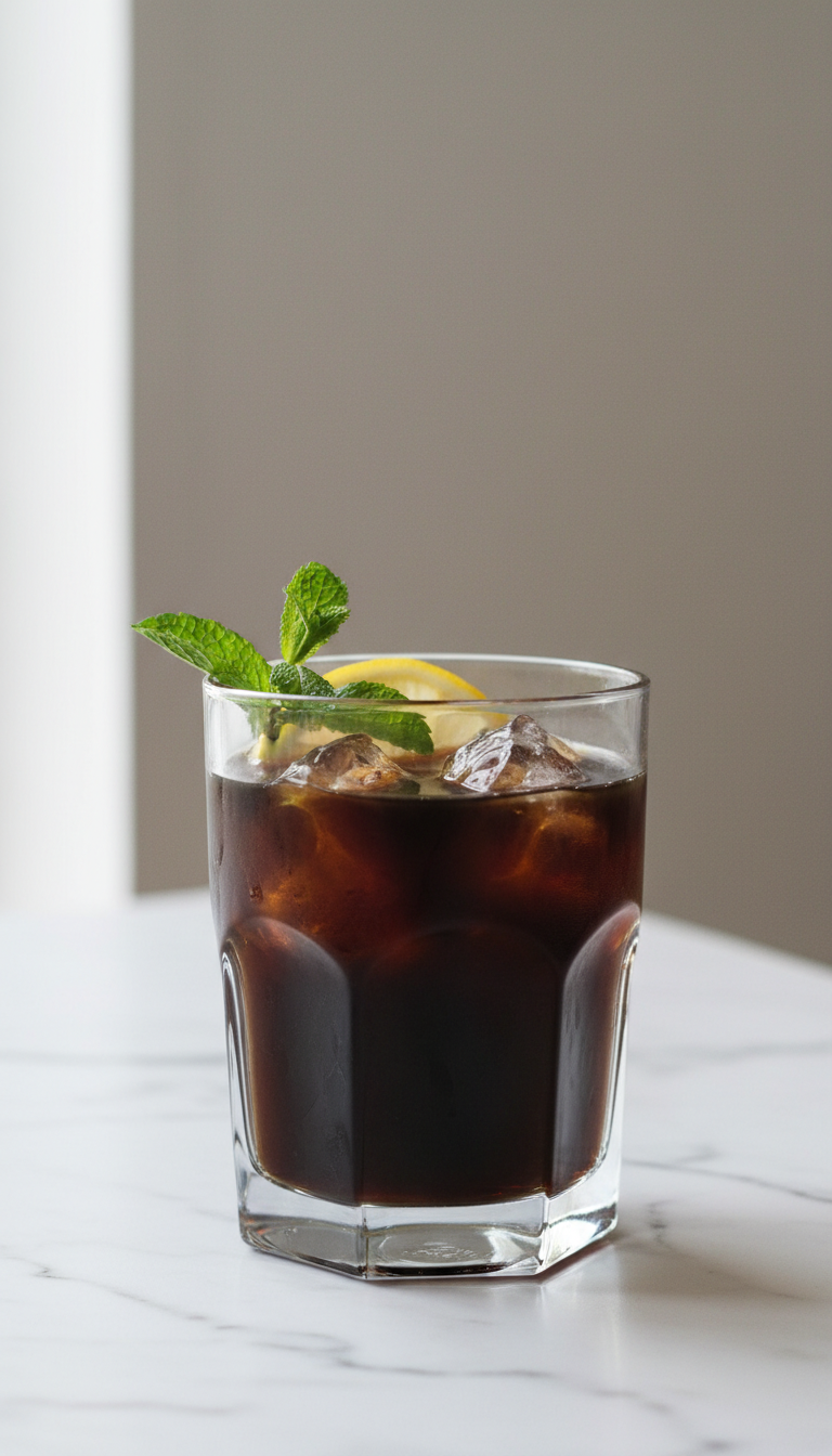 Close-up of pure black iced coffee in an upscale glass with mint sprig on a marble counter, bright airy daylight. Zero-carb drink.
