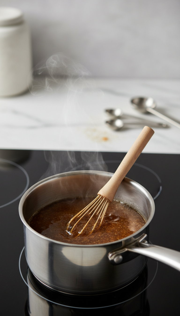 Homemade French Toast Coffee Syrup: Master Cafe Drinks Easily 1 Close-up of rich dark brown sugar dissolving in clear water in a stainless steel saucepan on a black induction stovetop, steam rising. Homemade syrup making.