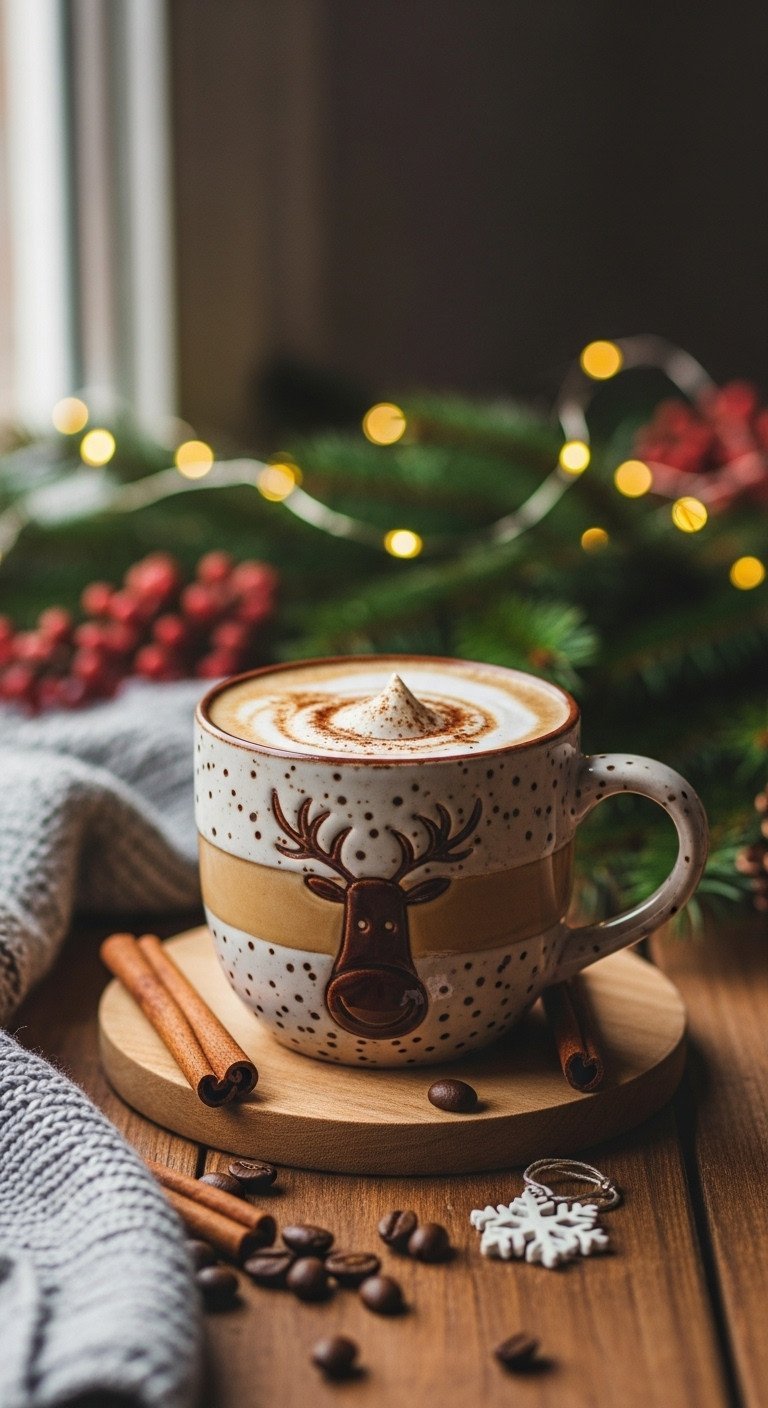 Close-up of textured ceramic Christmas mug, reindeer pattern, layered coffee and cream, rustic wood, blurred festive background.