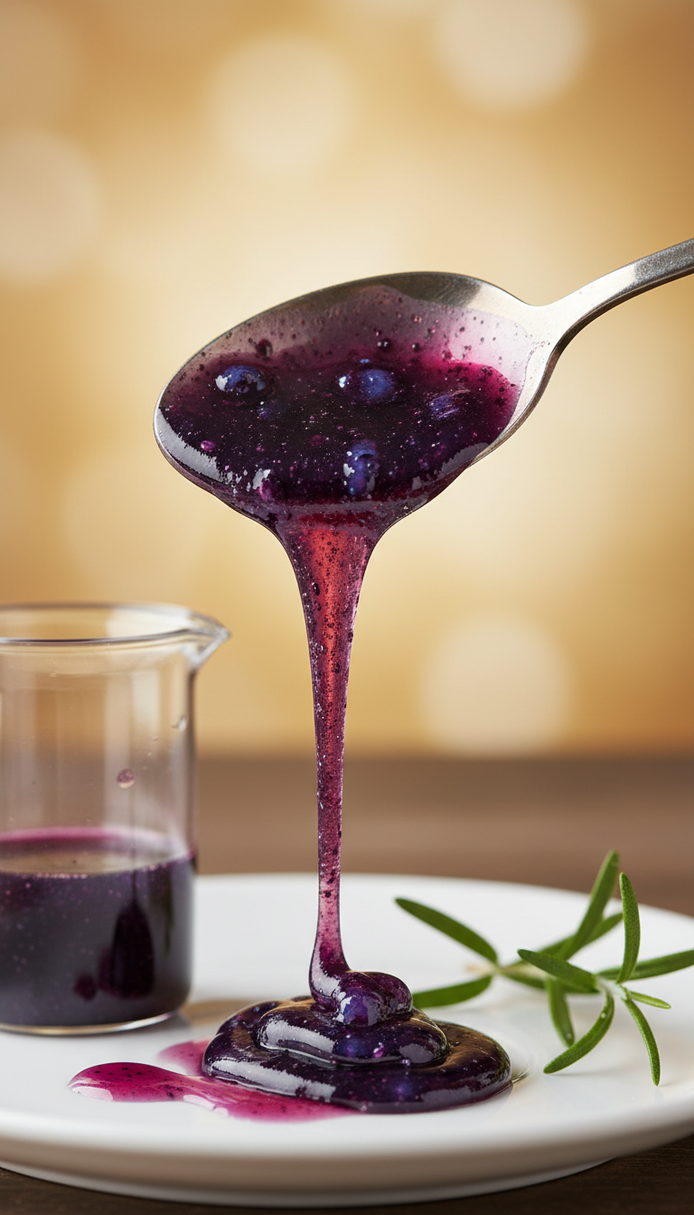 Homemade Blueberry Coffee Syrup: Easy Steps for Flavorful Drinks 7 Close-up of thick, glossy deep purple blueberry syrup slowly dripping from a spoon onto a white saucer, showcasing rich texture.
