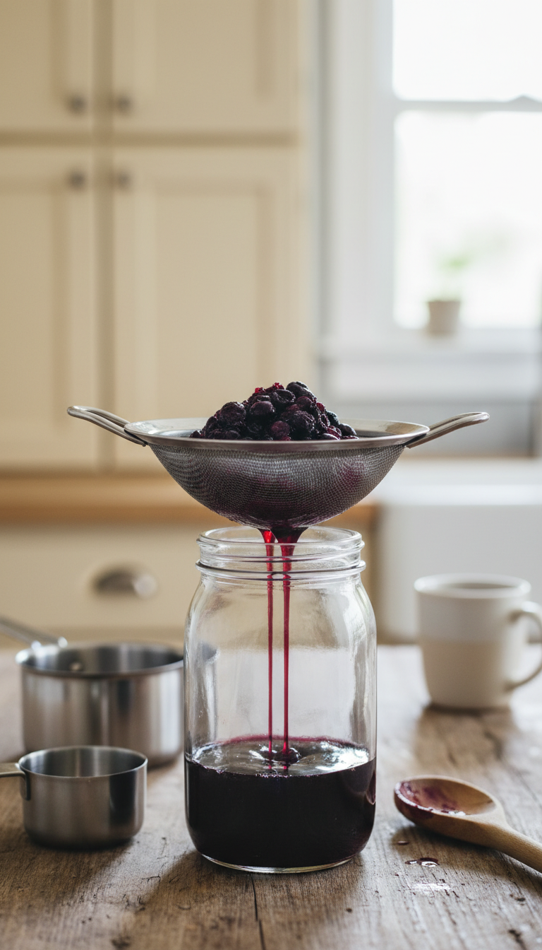 Homemade Blueberry Coffee Syrup: Easy Steps for Flavorful Drinks 1 Close-up of vibrant blueberry simple syrup being strained through a sieve into a glass jar on a rustic wooden table, homemade kitchen scene.