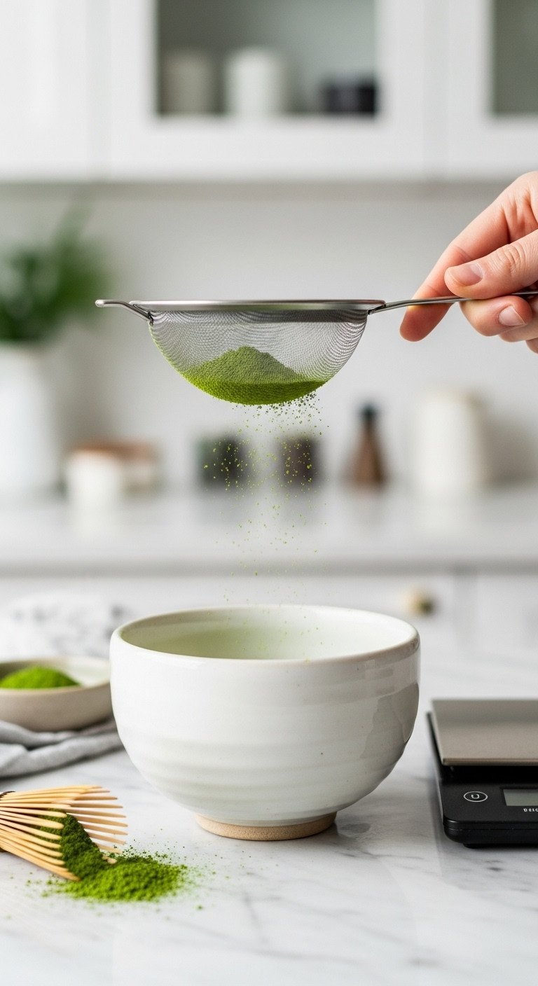Matcha Latte Recipe The Secret to Non-Bitter Clump Free Smoothness 1 Close-up of vibrant ceremonial matcha powder being sifted through a fine mesh sieve into a white chawan bowl on marble, with bamboo scoop.