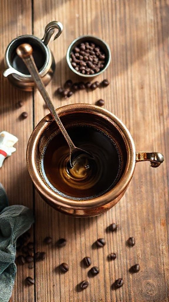 Close-up of water being poured from a glass carafe into an elegant porcelain cup for a Turkish coffee recipe.