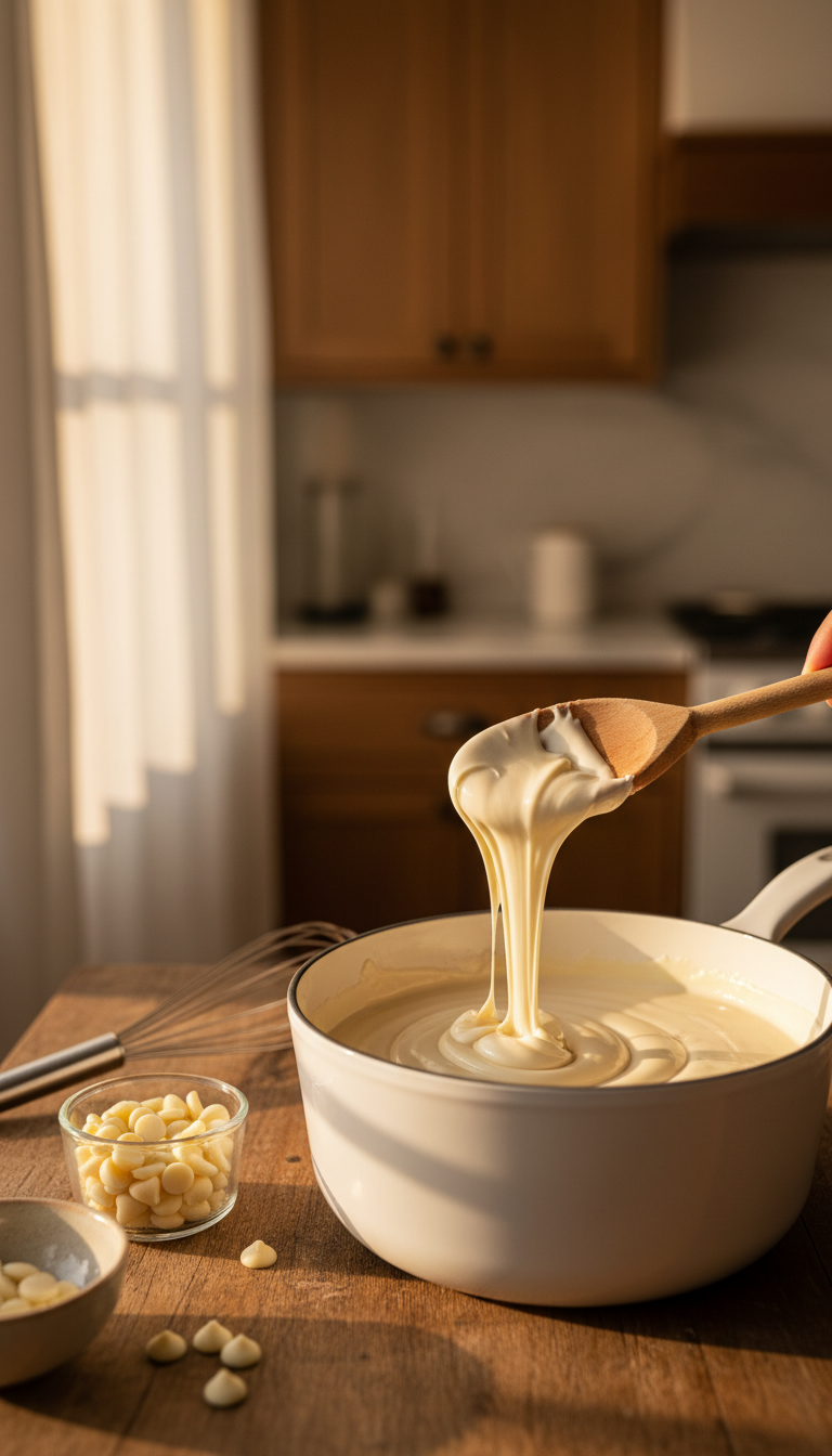Homemade White Mocha Coffee Syrup: Starbucks Copycat Recipe 1 Close-up of white chocolate chips melting slowly in a white ceramic saucepan with a wooden spoon under warm golden hour light.