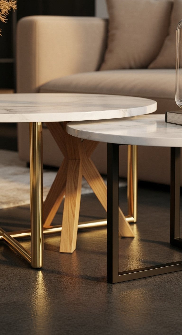 Close-up of white marble coffee table bases: polished gold, natural wood, and matte black iron, highlighting material contrast.