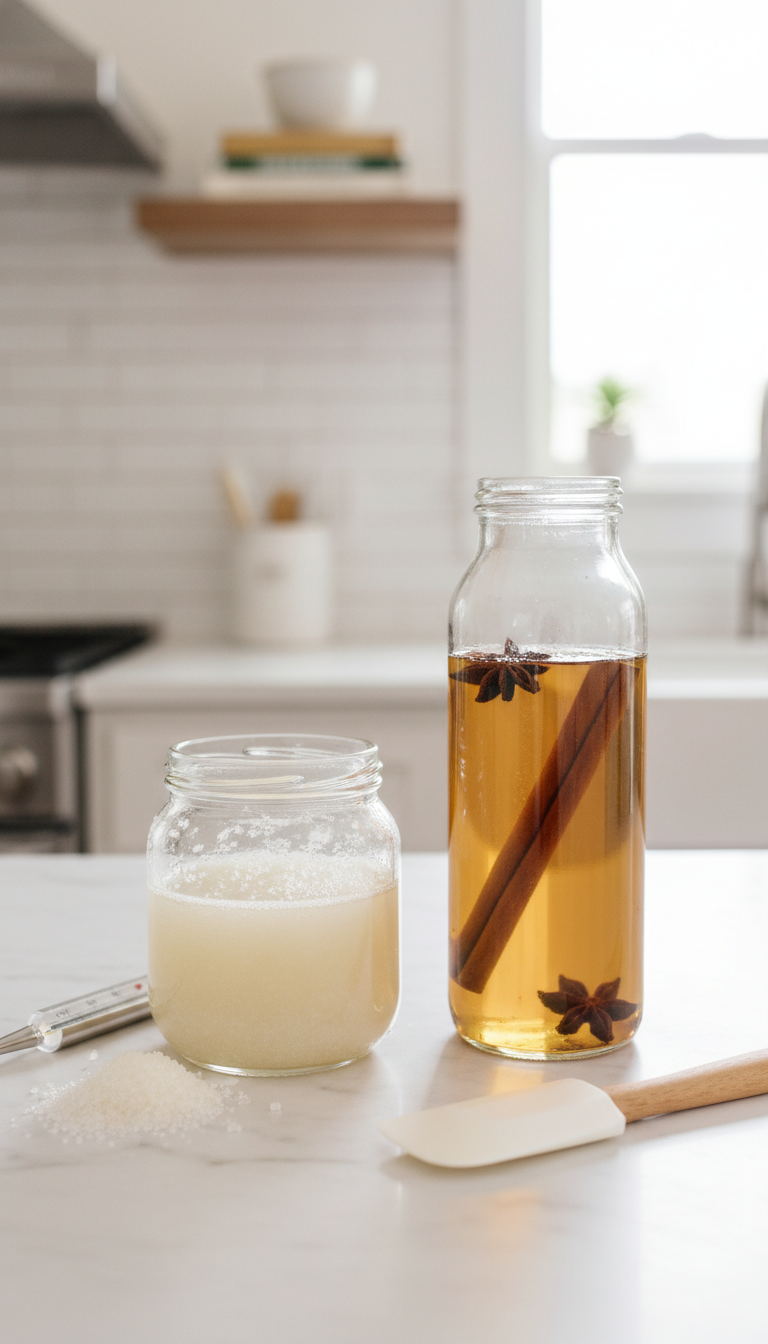Homemade Cinnamon Coffee Syrup: Starbucks Copycat 9 Cloudy, gritty simple syrup beside clear golden cinnamon syrup, showing crystallization troubleshooting in homemade syrup making.