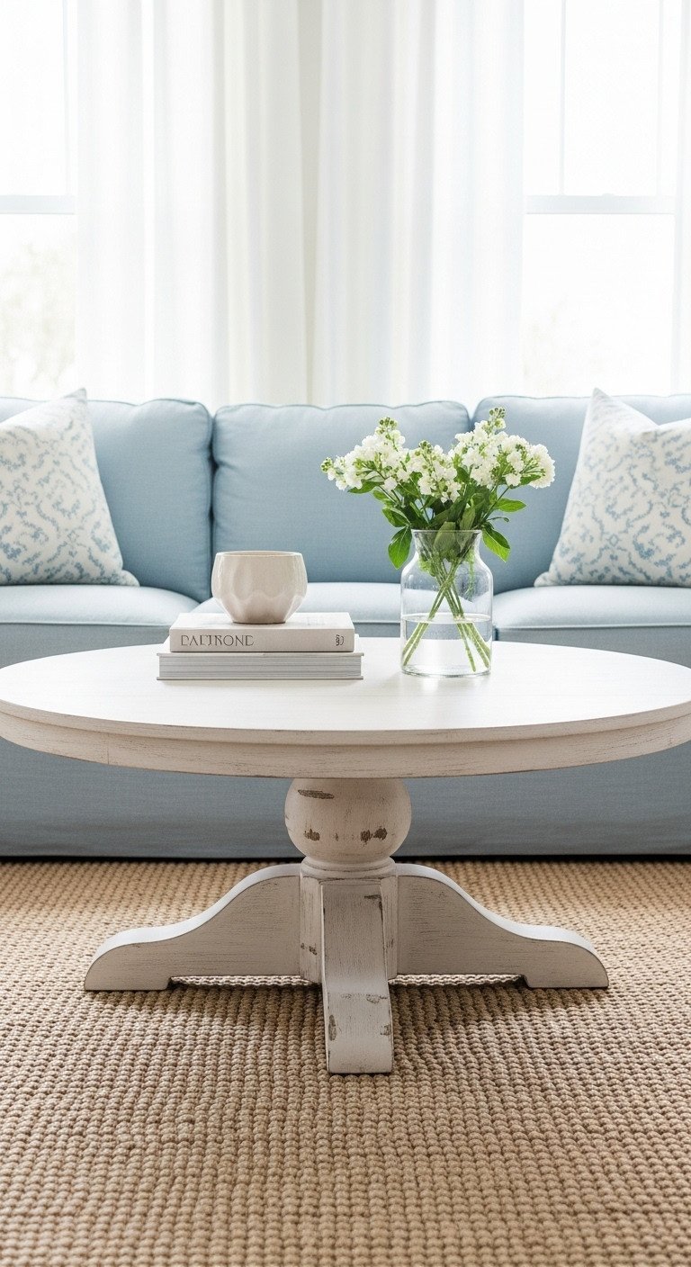 Coastal farmhouse living room with a round distressed white pedestal coffee table, jute rug, styled books, white flowers.