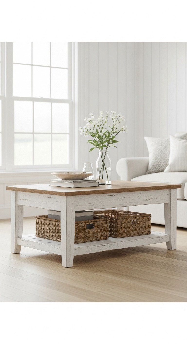 Coastal farmhouse white washed coffee table, lower storage shelf. Baskets, white flowers.