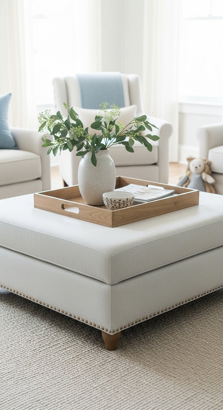 Coastal upholstered ottoman coffee table, beige fabric, nailhead trim. Wooden tray, child's toy.