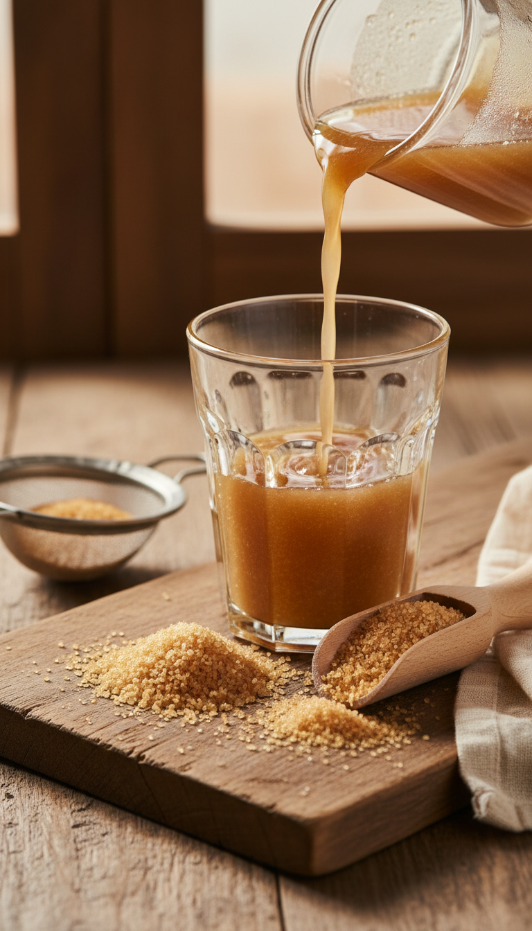 Homemade Coconut Coffee Syrup: Master Barista Flavor 11 Coconut sugar syrup in a rustic glass tumbler next to a pile of coconut sugar crystals on a wooden table.