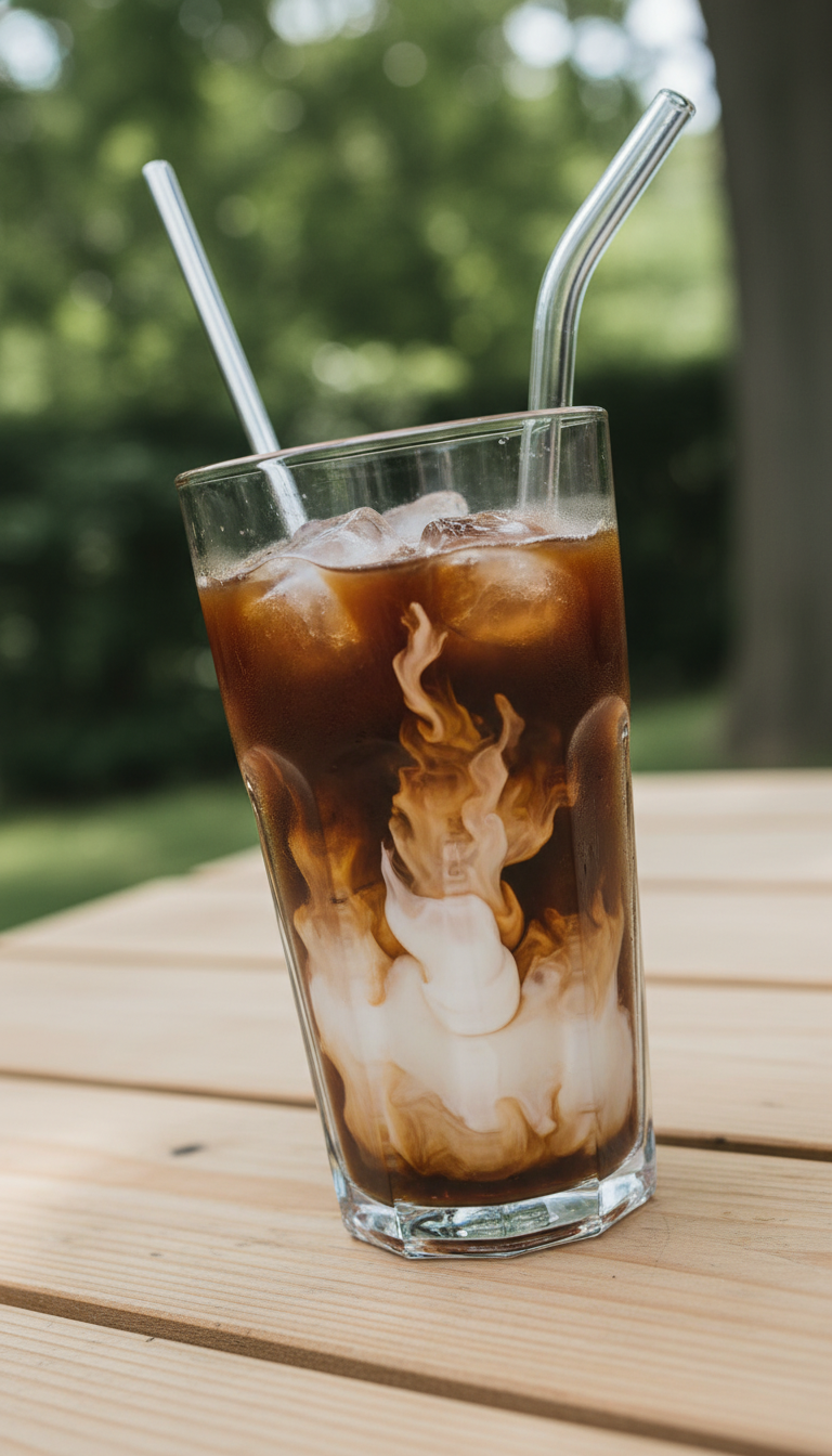 Homemade Coconut Coffee Syrup: Master Barista Flavor 9 Coconut syrup dissolving into iced cold brew coffee with clear ice cubes, stirred on a wooden picnic table.