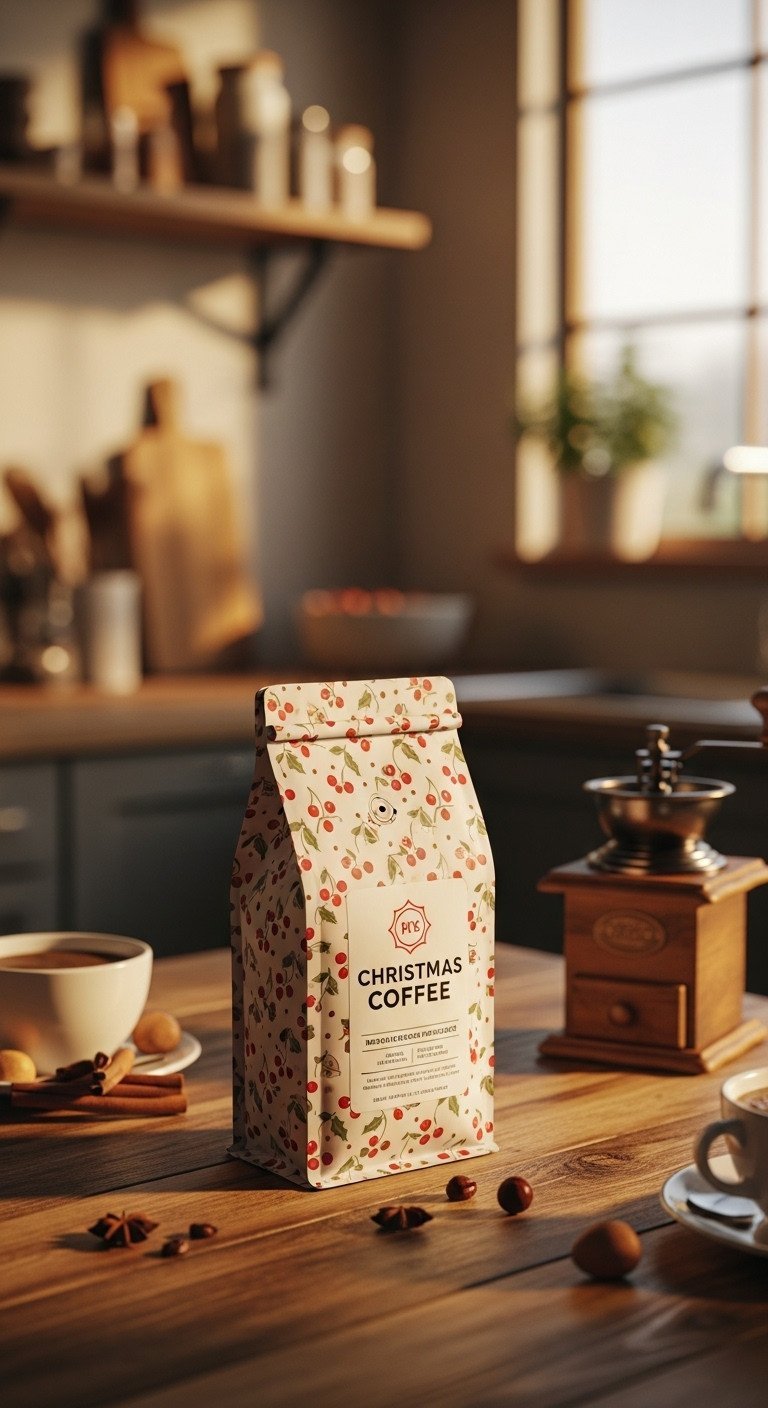 Coffee bag with subtle holiday pattern, warm creams and golden browns, on a rustic wooden table with coffee grinder, cozy kitchen.