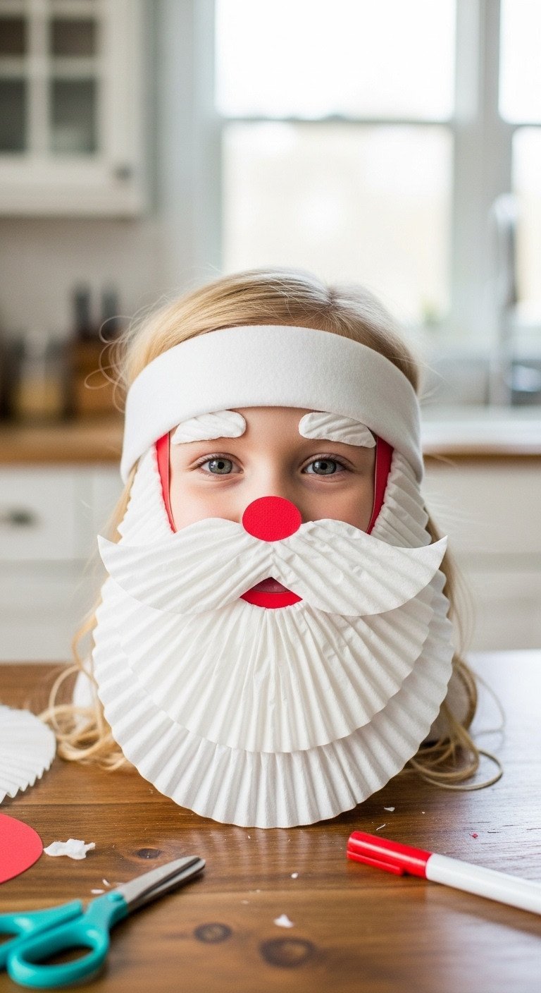 Coffee filter Santa beard craft with ruffled white layers on red cardstock face. Engaging DIY holiday craft for kids.