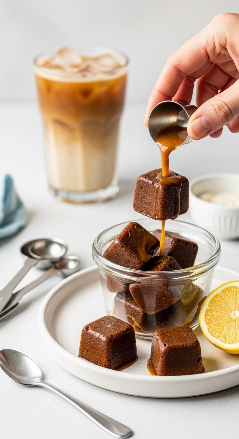 Brown Sugar Coffee: Easy Homemade Shaken Espresso Recipe 13 Coffee ice cubes and lemon next to a glass of watery iced coffee on a white ceramic plate, offering a dilution solution.