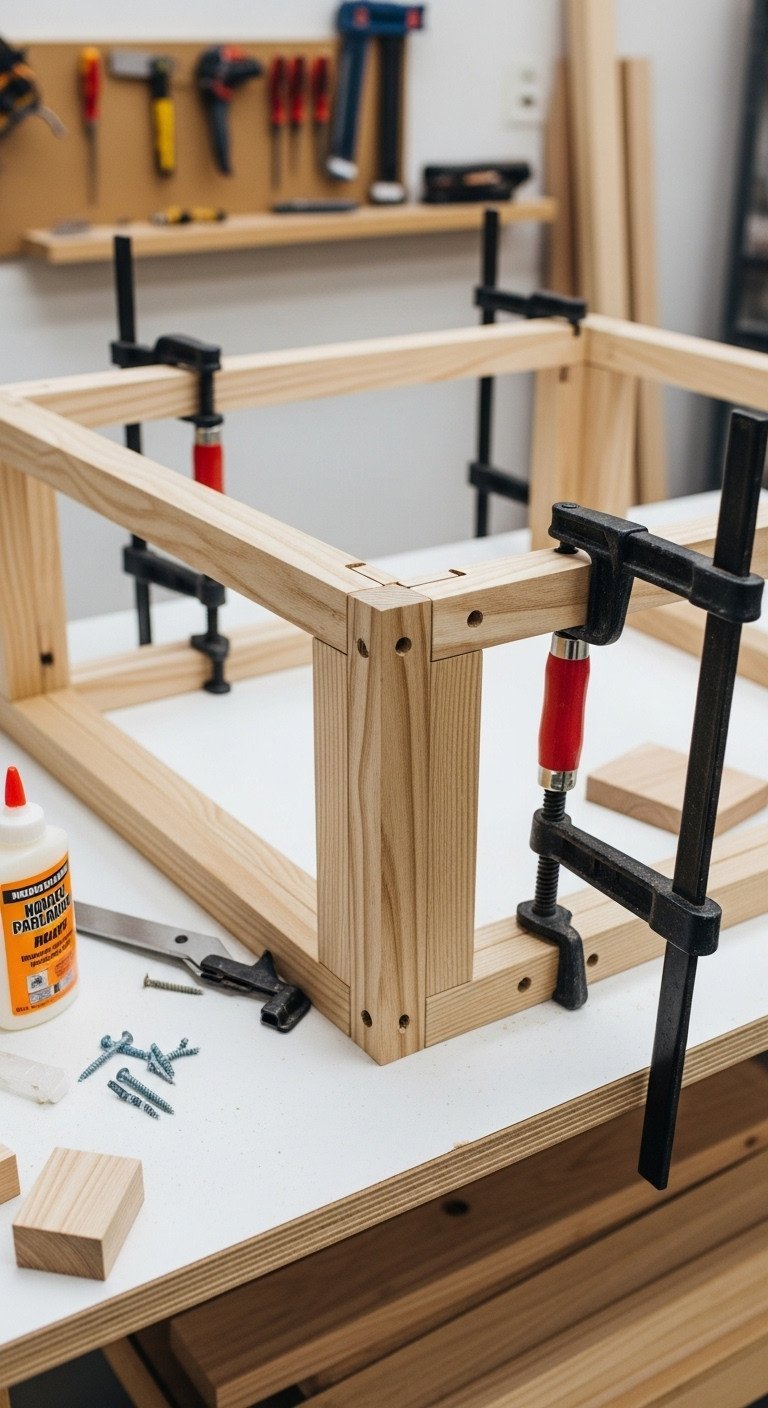 Coffee table base frame assembly with wood glue, pocket hole joinery, and clamps. Close-up of a tight professional joint.