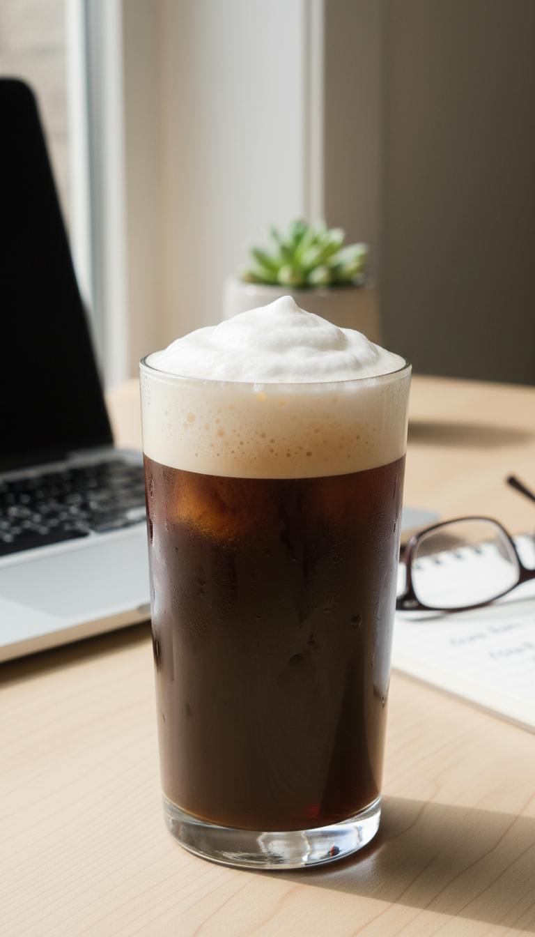 Dunkin' White Chocolate Iced Coffee Perfect Order 15 Cold Brew with white chocolate cold foam. Dark coffee, thick foam in clear glass on light wood desk. Workspace, laptop.