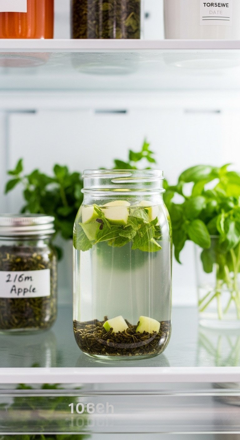 Cold brew apple green tea infusing in a glass mason jar bottle on a clean refrigerator shelf with fresh apple pieces.