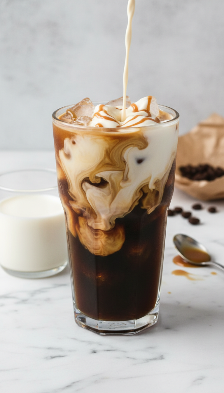 Cold brew coffee, dark layers, ice, creamy oat milk cascade. Flat lay on marble, oat milk glass, caramel. Fresh, clean browns & whites.