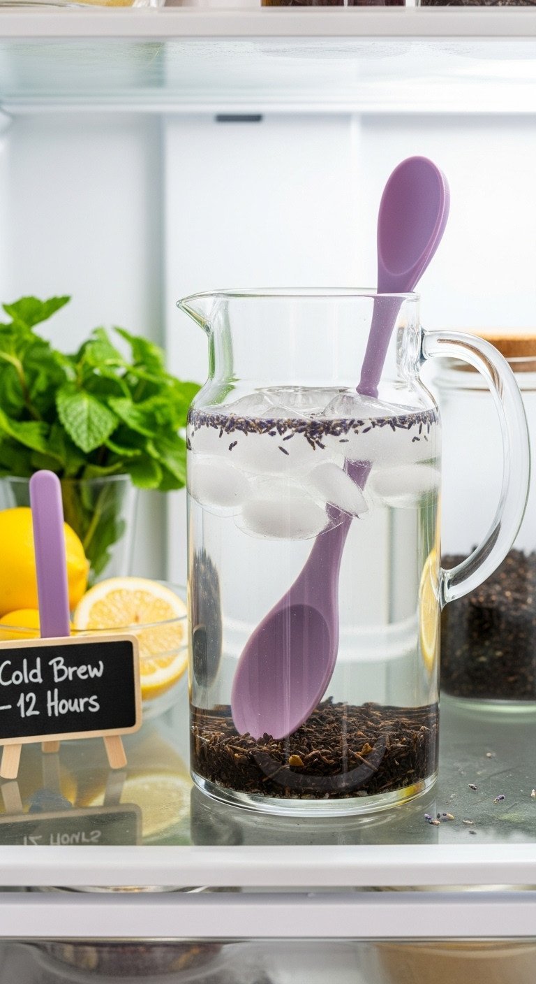 The Ultimate Lavender Iced Tea Guide To Perfect Non Bitter Flavor 5 Cold brew lavender iced tea infusing in a glass pitcher with black tea and lavender buds on a refrigerator shelf with lemons and mint.