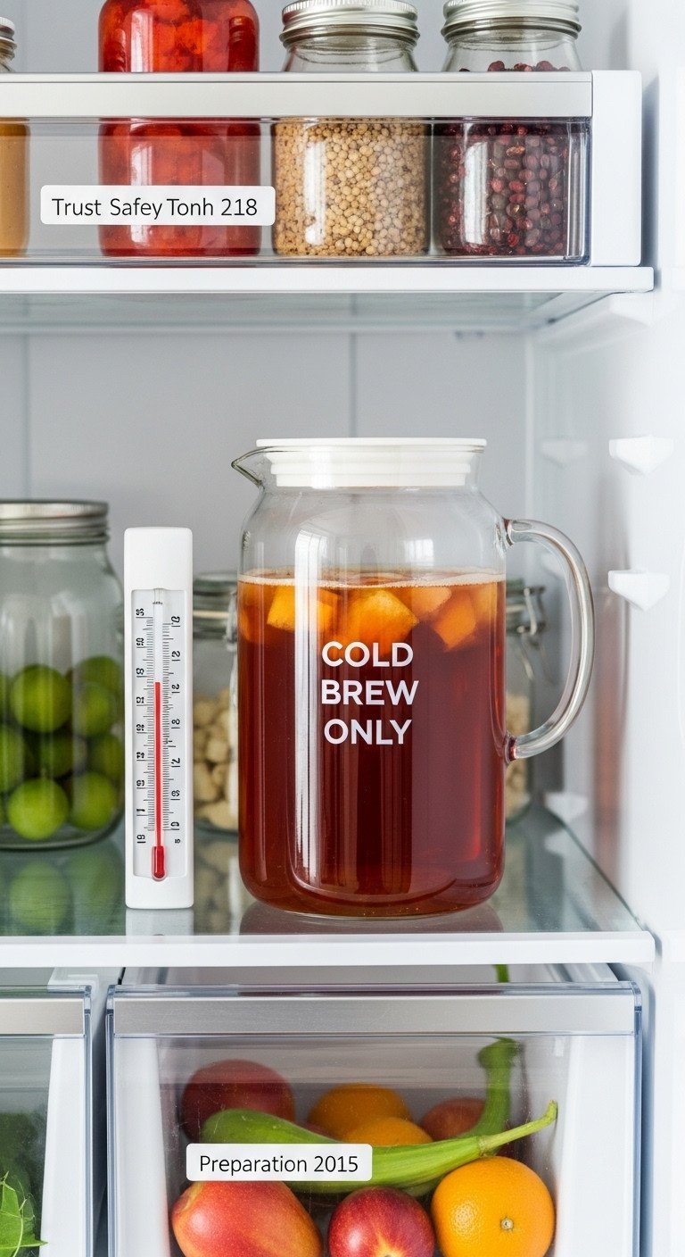 Iced Tea Recipe Secrets to Non Bitter Cold Brew Perfection 13 Cold brew tea pitcher labeled 'COLD BREW ONLY' in a refrigerator, alongside a food safety thermometer.