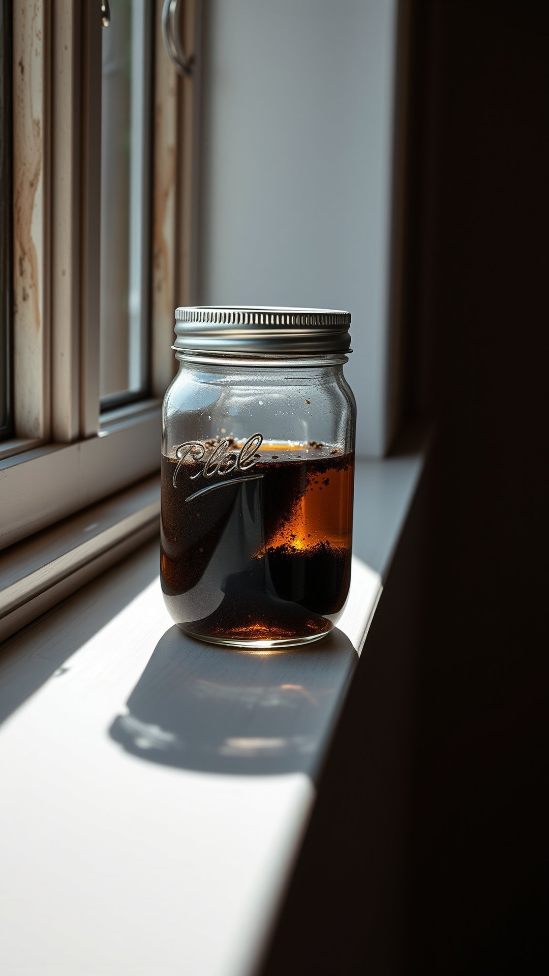 How To Make Coffee Oil At Home For Naturally Glowing Skin 9 Cold infusion method for DIY coffee oil, with a sealed mason jar of coffee and oil steeping in sunlight on a wooden windowsill.