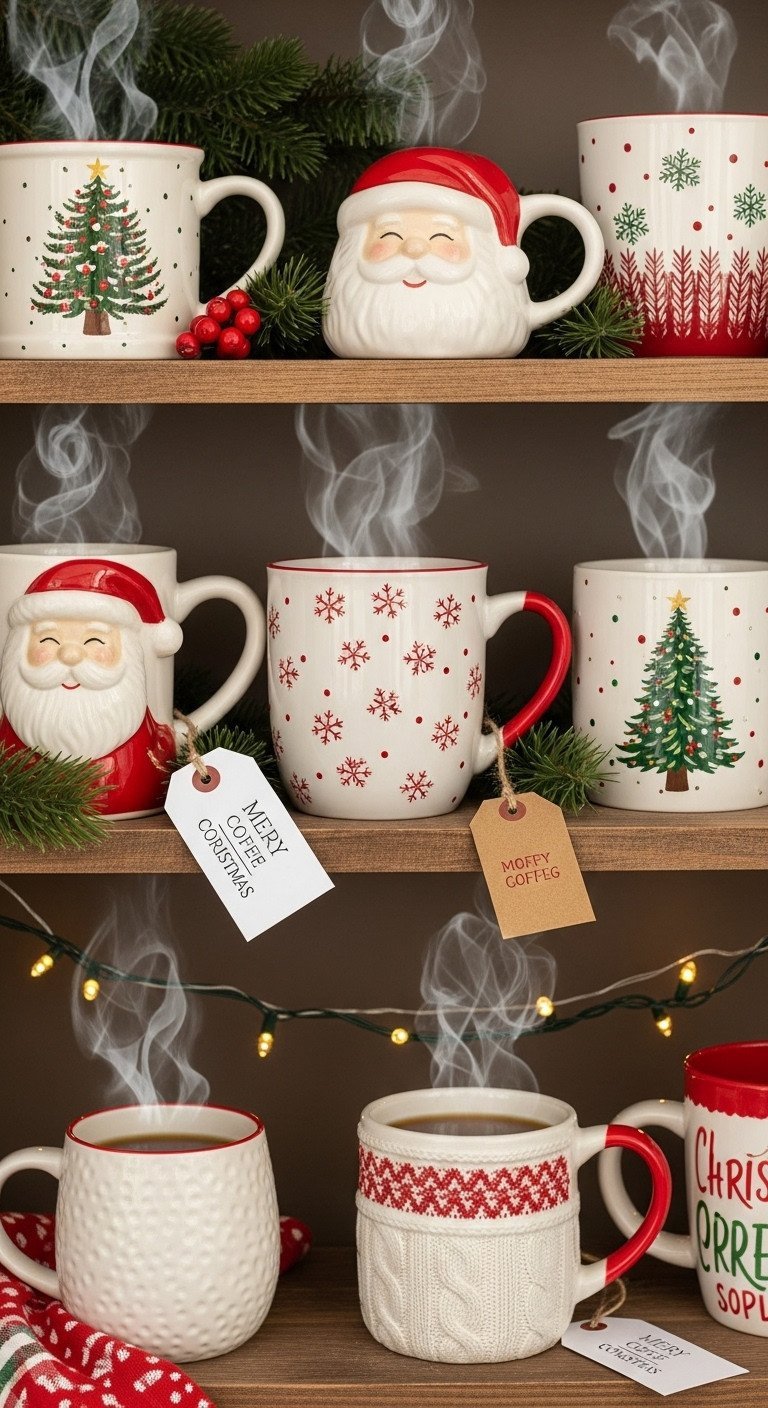 Collection of steaming festive Christmas coffee mugs with diverse holiday designs on a rustic wooden shelf with string lights.