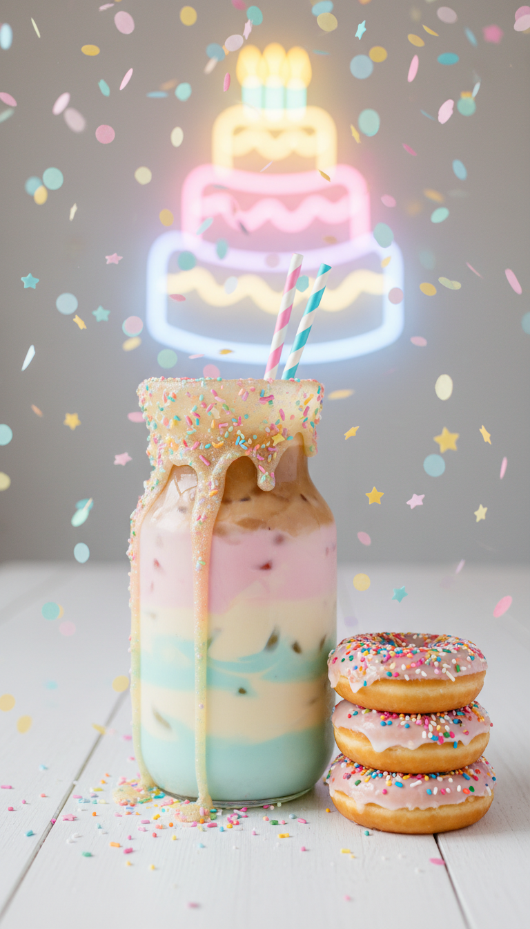 Colorful Birthday Cake iced coffee with sprinkles, Dunkin donuts, confetti on a white table, festive celebration.