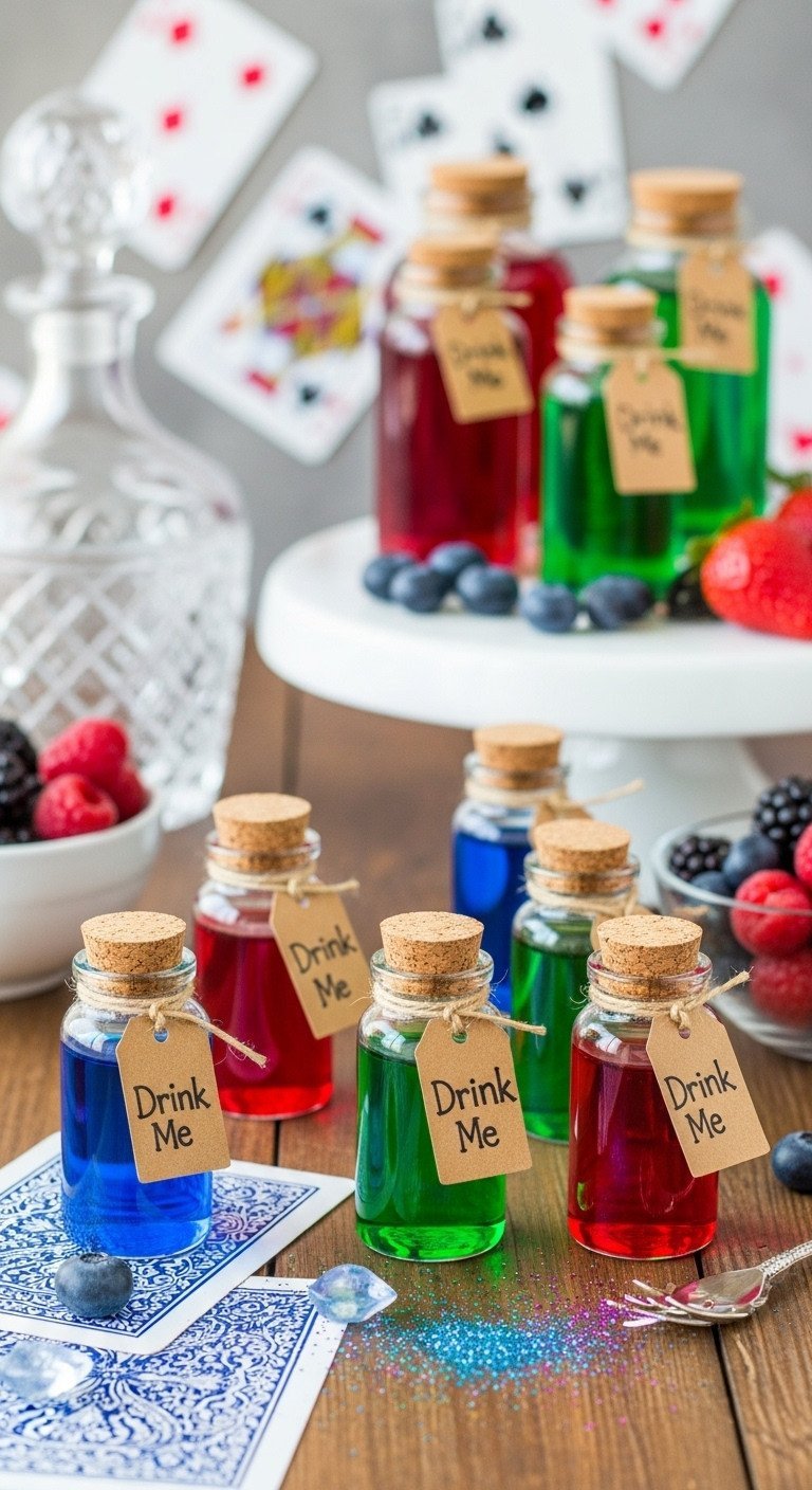 Brilliant Mad Hatter Tea Party Ideas For A Whimsical Event 3 Colorful 'Drink Me' potion bottles in jewel tones on a rustic wooden table for a whimsical party drink station.