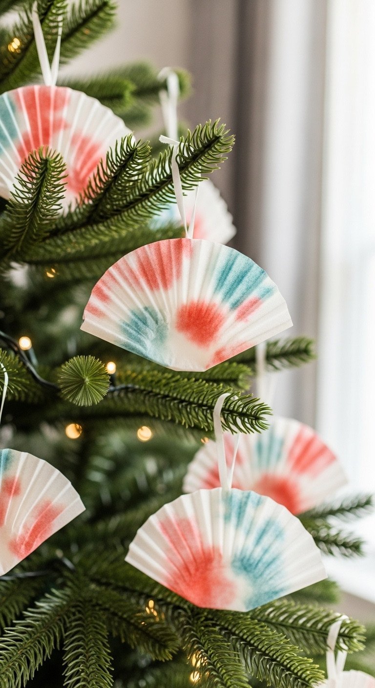 Colorful coffee filter ornaments, soft folds & ruffled edges, on a festive Christmas tree branch in warm light. Handmade holiday decor.