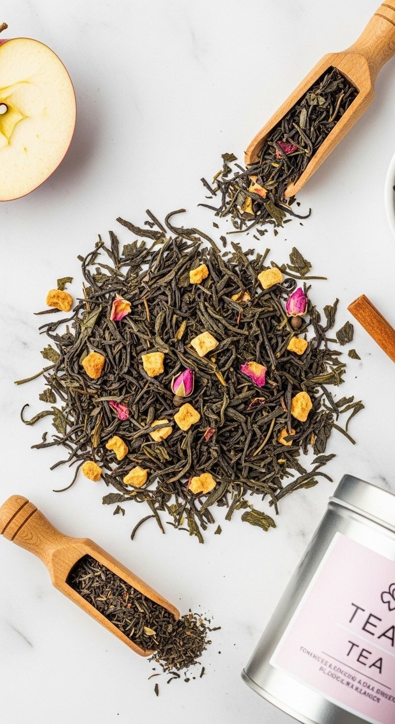 Colorful loose leaf apple green tea blend with dried Sencha leaves, red apple pieces, and rose petals on white surface.