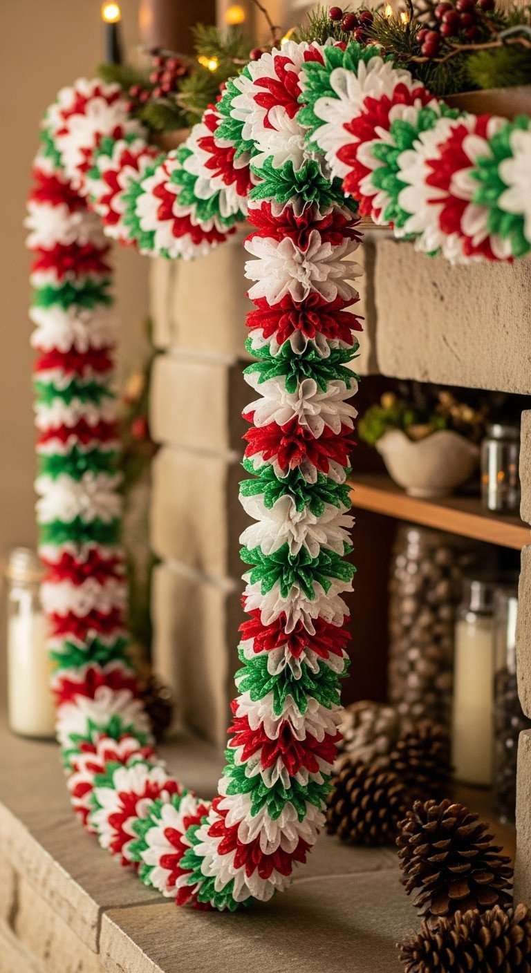 Colorful red, green, white coffee filter garland, fluffy, draped across fireplace mantle. Cozy DIY Christmas decor.
