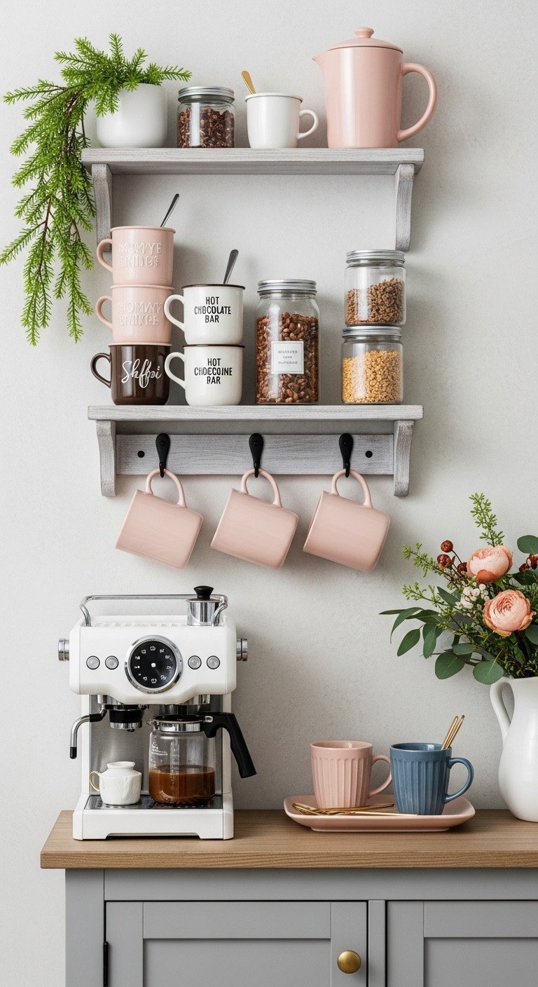 11 Genius Christmas Coffee Hot Chocolate Bar Ideas 11 Compact Christmas hot chocolate bar for small spaces with vertical storage, mug hooks, and winter florals.