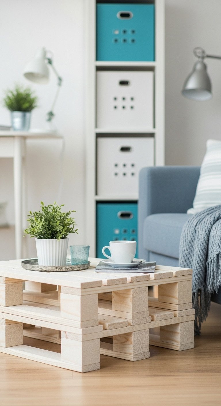 DIY Pallet Coffee Table Transform Pallets Into Stunning Furniture 15 Compact DIY pallet coffee table, space-saving design for small apartments, next to sofa with plant and lamp.