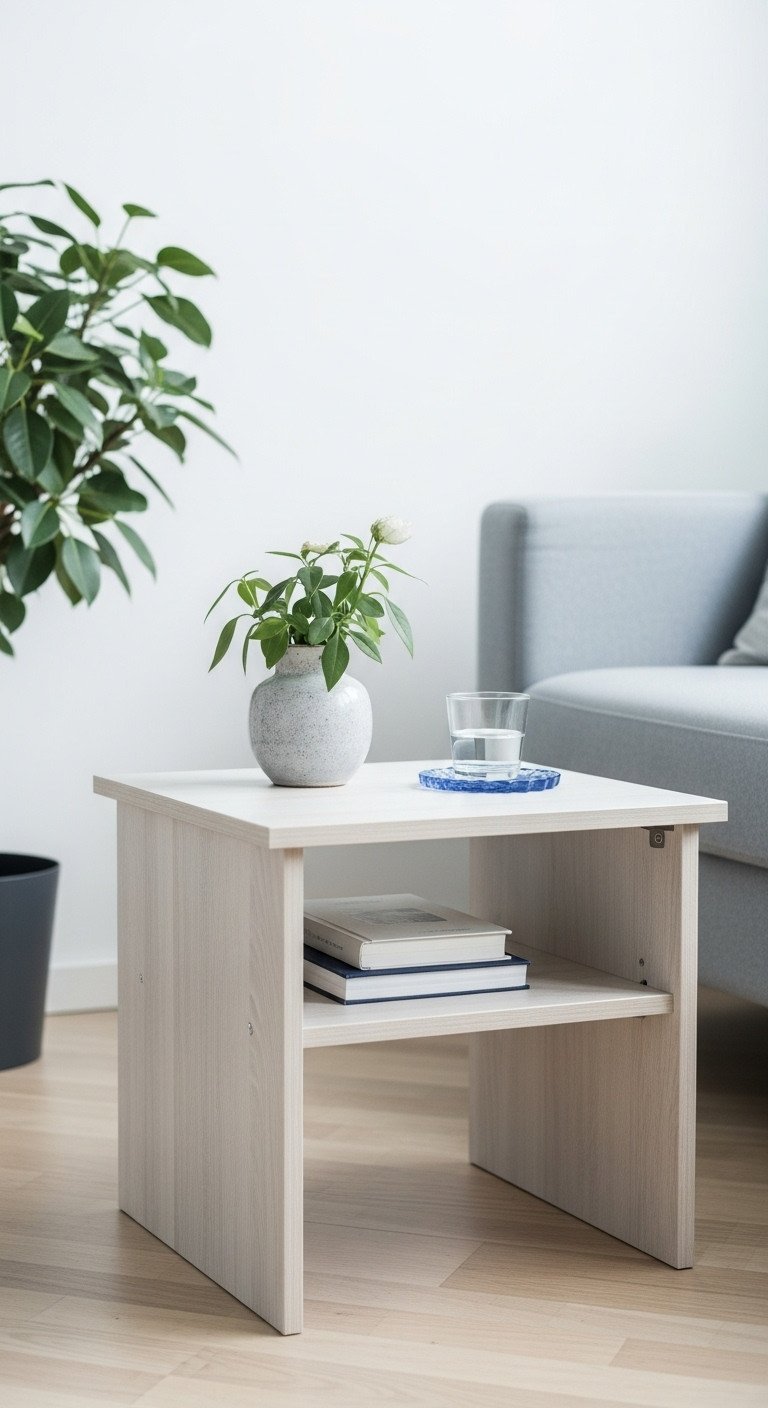 Compact Scandinavian coffee table with lower shelving, styled with books and a plant, perfect for a studio apartment.