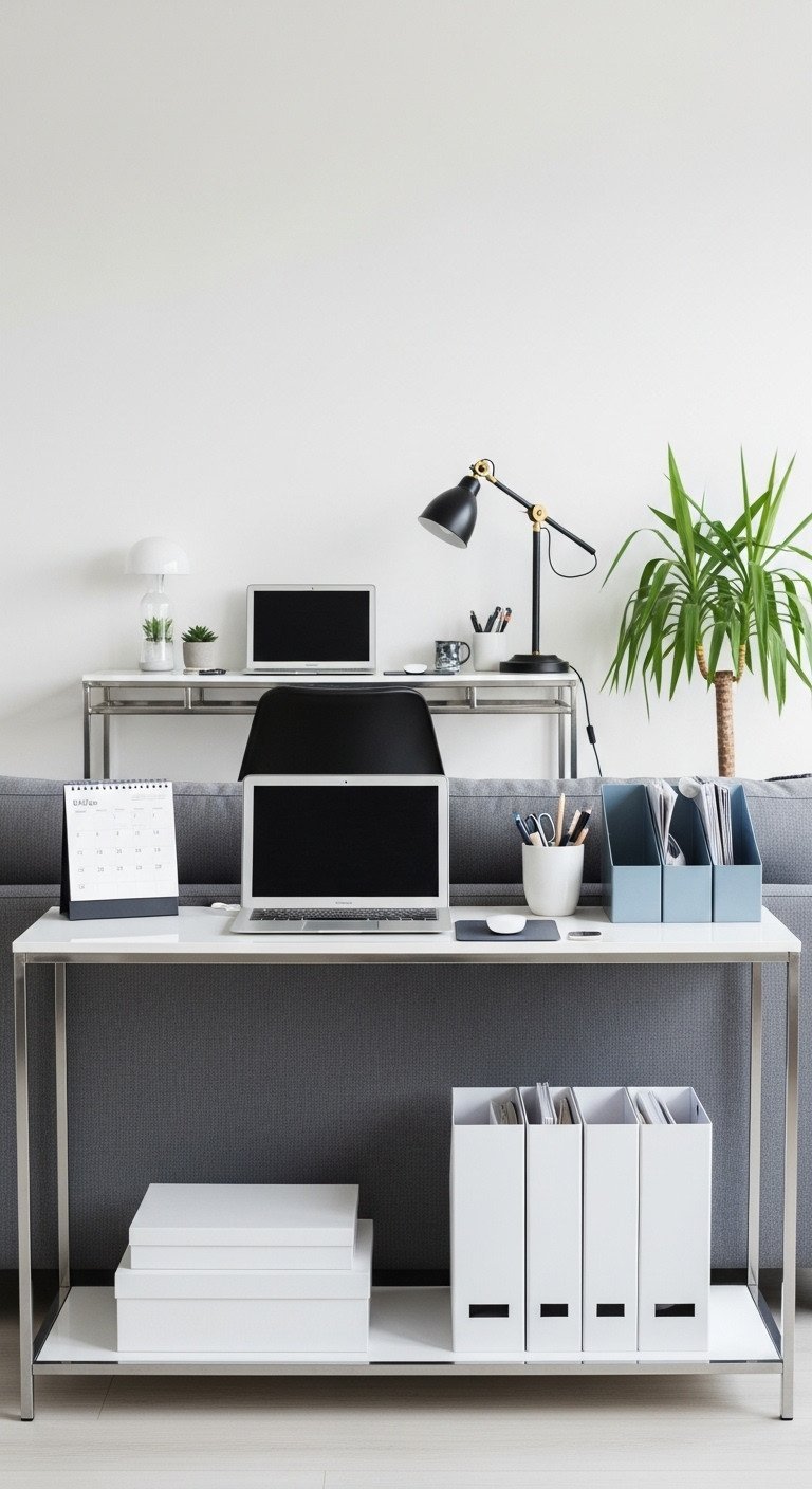 Compact home office on a sleek metal and glass sofa table, minimalist laptop, desk organizer, ergonomic chair, desk lamp, plant, white, black, blue.